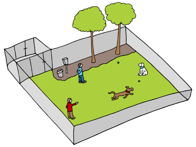 Dog park illustration with two owners and their two dogs.