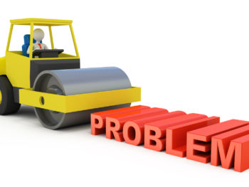 Computer rendered graphic of a faceless person driving a steamroller over the three-dimensional word "Problem."