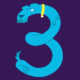 Blue cartoon dog wearing a yellow collar with a very long body that is shaped into the number three on a purple background.