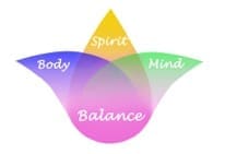 holistic balance graphic with body, spirit, and mind Purple, yellow, green, and pink holistic balance lotus graphic that highlights body, spirit, mind, and balance.