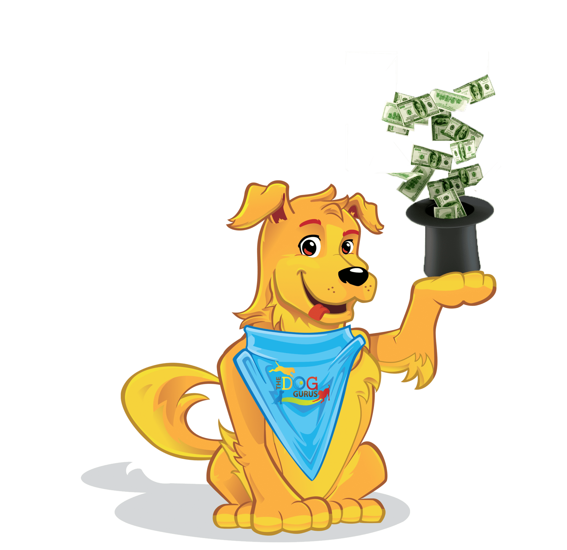 Griffin the dog holding a top hat with one-hundred-dollar bills coming out of it in his paw.