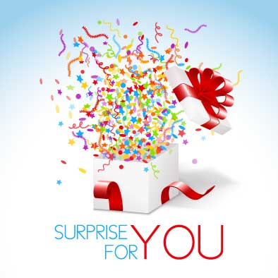 SurpriseforYouGift A white wrapped gift with a red bow that is exploding exploding with confetti with text that says surprise for you
