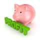 A cartoon porcelain piggy bank standing behind freestanding green text that reads, "Profit."