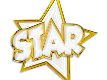 A gold star with the word "star" outlined in gold over it.