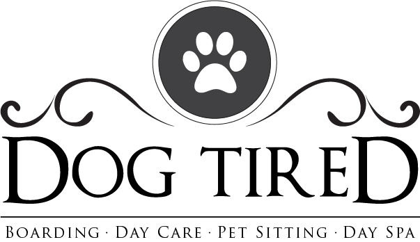 A black, grey, and white Dog Tired logo.