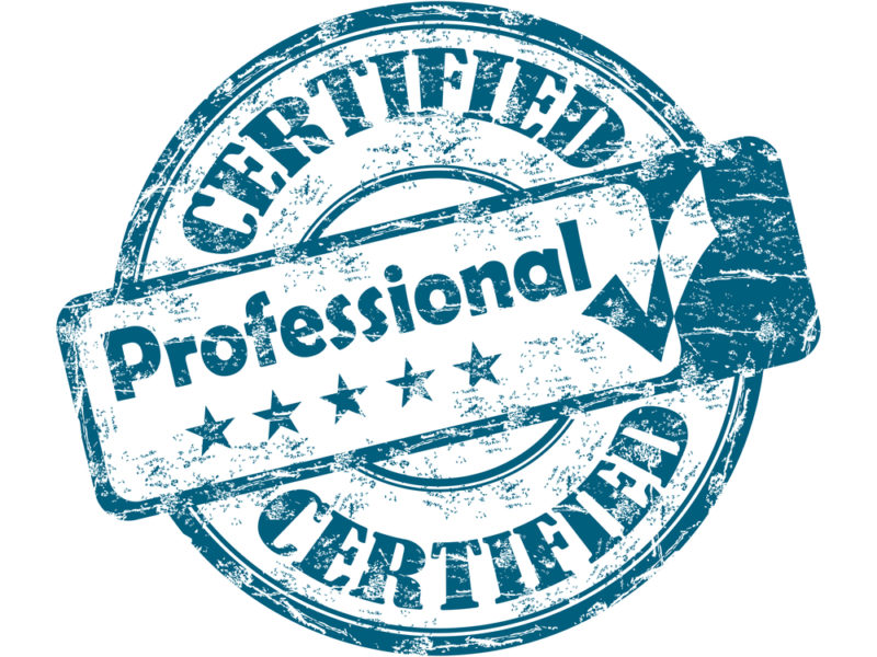 Worn blue-and-white seal that reads, "Certified Professional."
