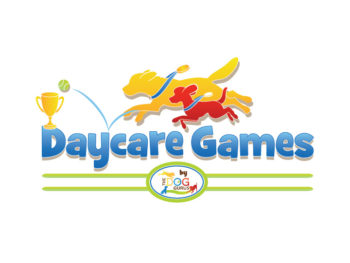 Daycare Games Graphic with a trophy and two dogs of different breeds and sizes with medals around their necks chasing after a bouncing tennis ball.
