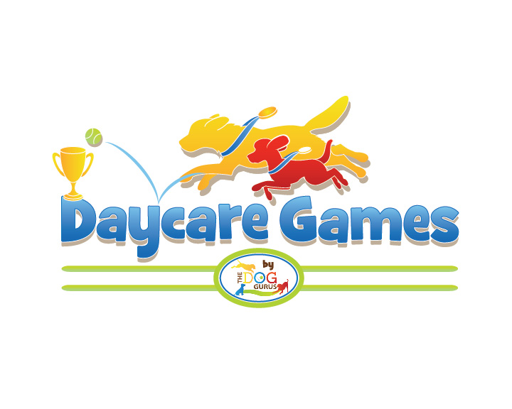 Daycare Games Graphic with a trophy and two dogs of different breeds and sizes with medals around their necks chasing after a bouncing tennis ball.