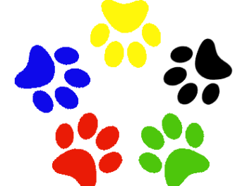 Red, blue, yellow, black, and green paws arranged to mimic the shape of a star.