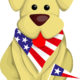 A graphic image of a small yellow puppy wearing an American flag bandanna around its neck and holding a small American flag pendant in its paw.