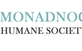 A brown, yellow, and blue logo for the Monadnock Humane Society and graphic outlines of a horse, cat, and dog.