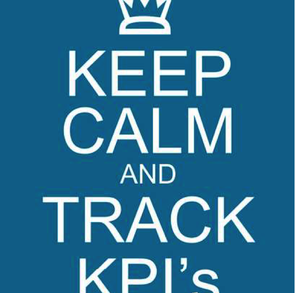 A blue and white graphic depicting and a crown and the words "Keep calm and track KPI's" on it.