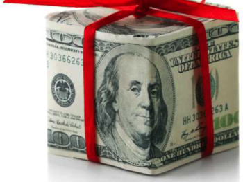 A box made out of one-hundred-dollar bills with a red ribbon tied around it.