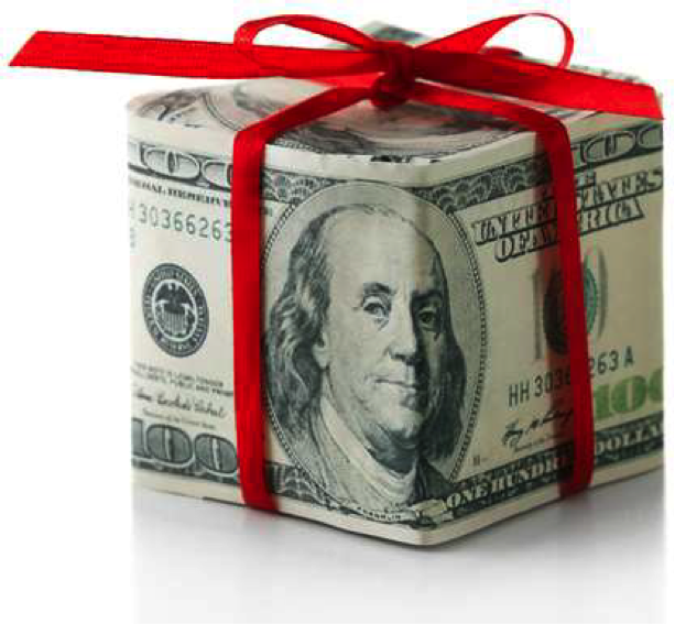 A box made out of one-hundred-dollar bills with a red ribbon tied around it.