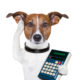 A Photoshopped dog looks confusedly at the camera while holding an old-fashioned calculator.