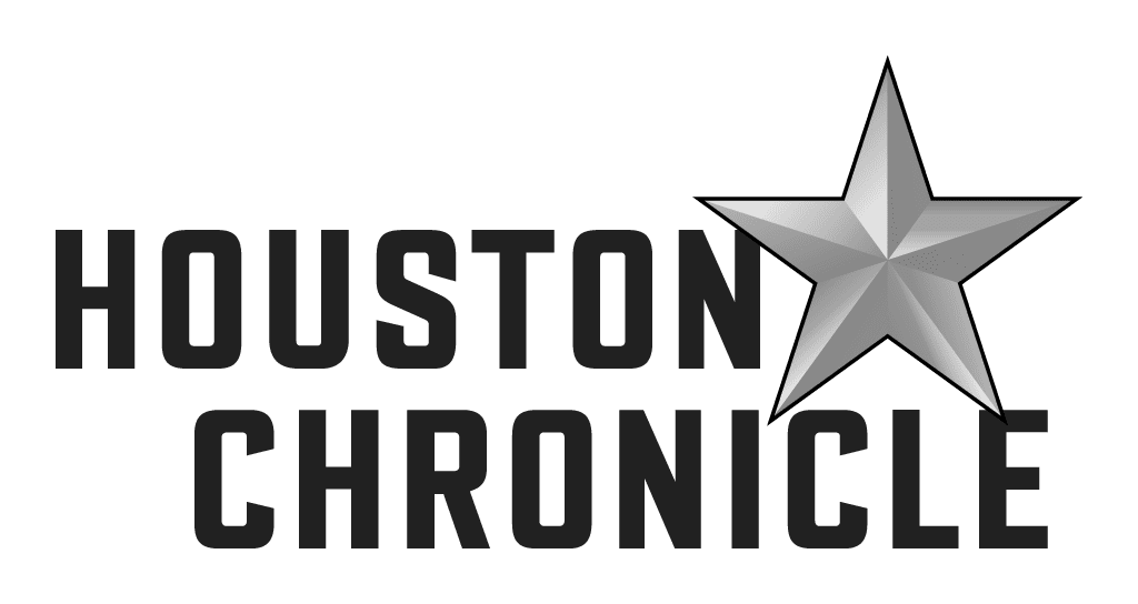 Black and grey logo for the Houston Chronicle with a silver graphic star.