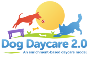 Red, purple, gold, and blue Dog Daycare 2.0 logo.