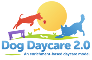 Red, purple, gold, and blue Dog Daycare 2.0 logo.