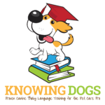 knowing dogs proven canine body language training for the pet care pro graphic of a dog with a red graduate's hat on its head while it stands on two books.