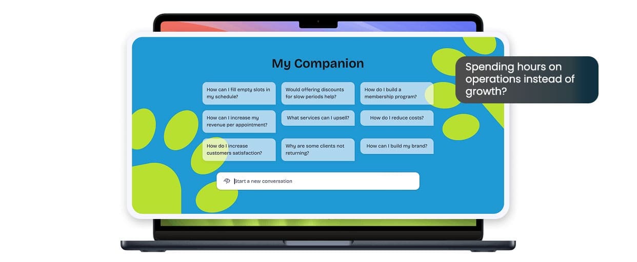 The Dog Gurus AI Companion on a laptop, with suggested questions about filling schedules, pricing and upsells
