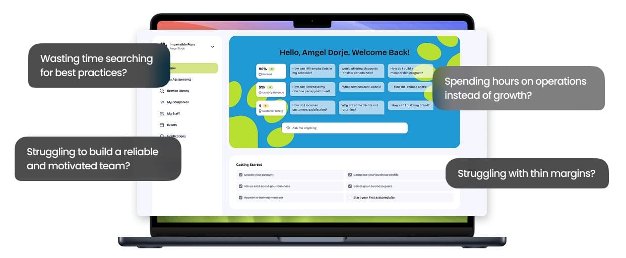 The Dog Gurus owner dashboard on a laptop, with AI Companion questions and a getting started checklist