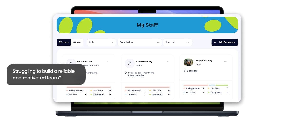 The Dog Gurus My Staff view on a laptop, tracking each employee's training progress